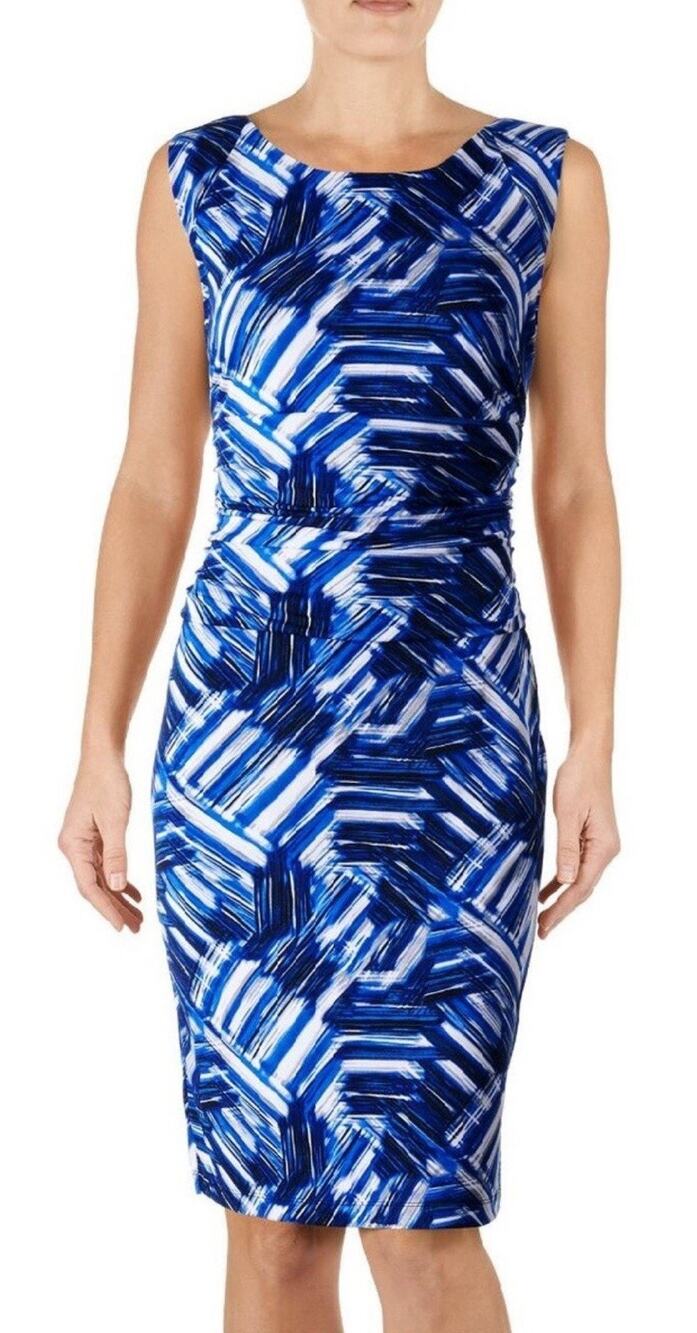 Nine West 3946 Blue 14 Abstract Ruched Jersey Sheath wedding guest Dress modern